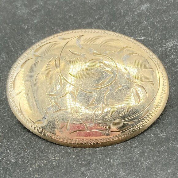 BURKHARDT Vintage etched gold-filled oval brooch with flower and leaf design pin - Picture 5 of 8